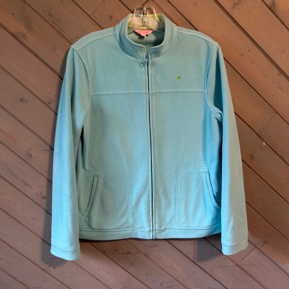 Lilly Pulitzer Womens Aqua Blue Fleece Full Zip Jacket Palm Tree Logo Small
